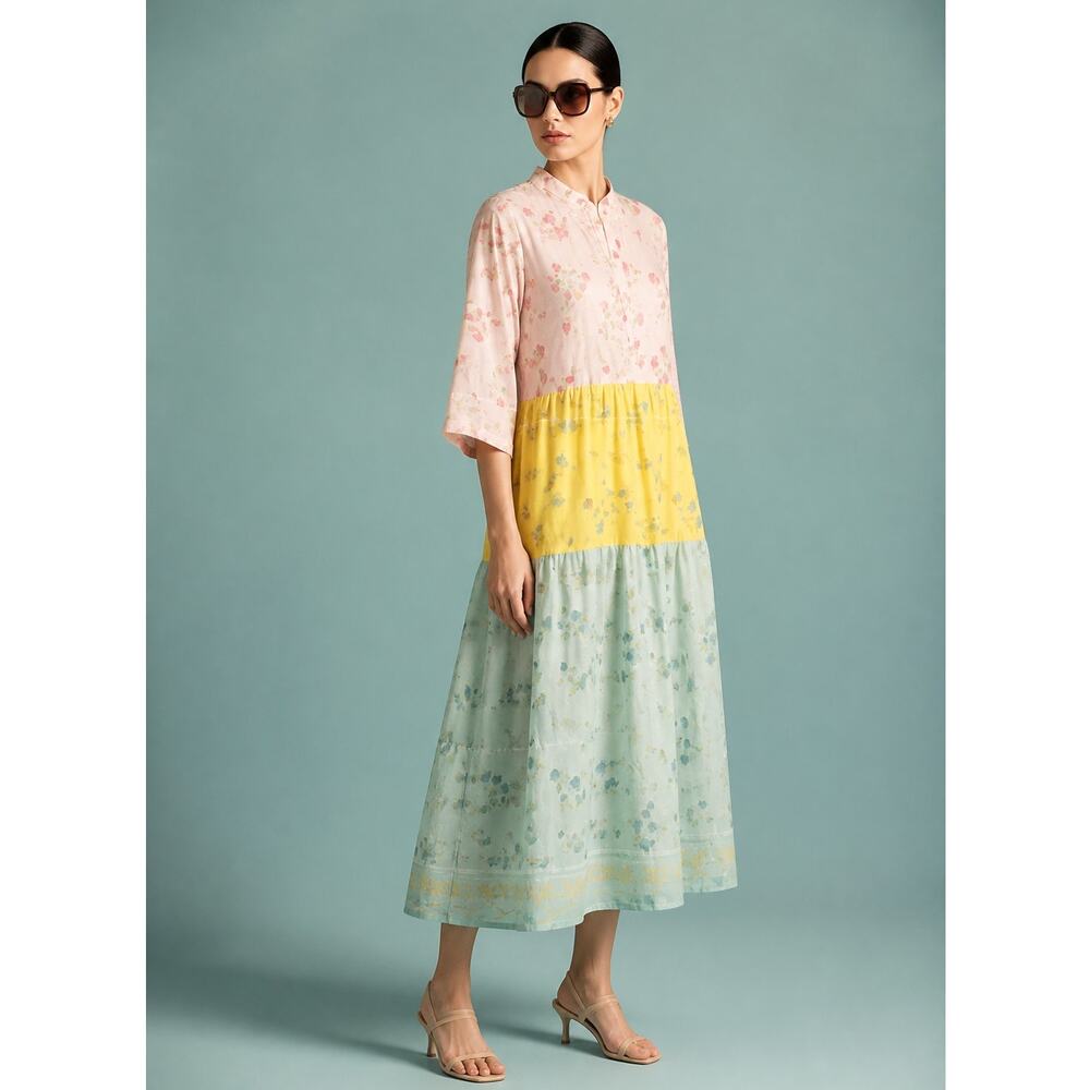 Mary Marshmallow Block Color Flowered Tiered Dress Size L/XL $198